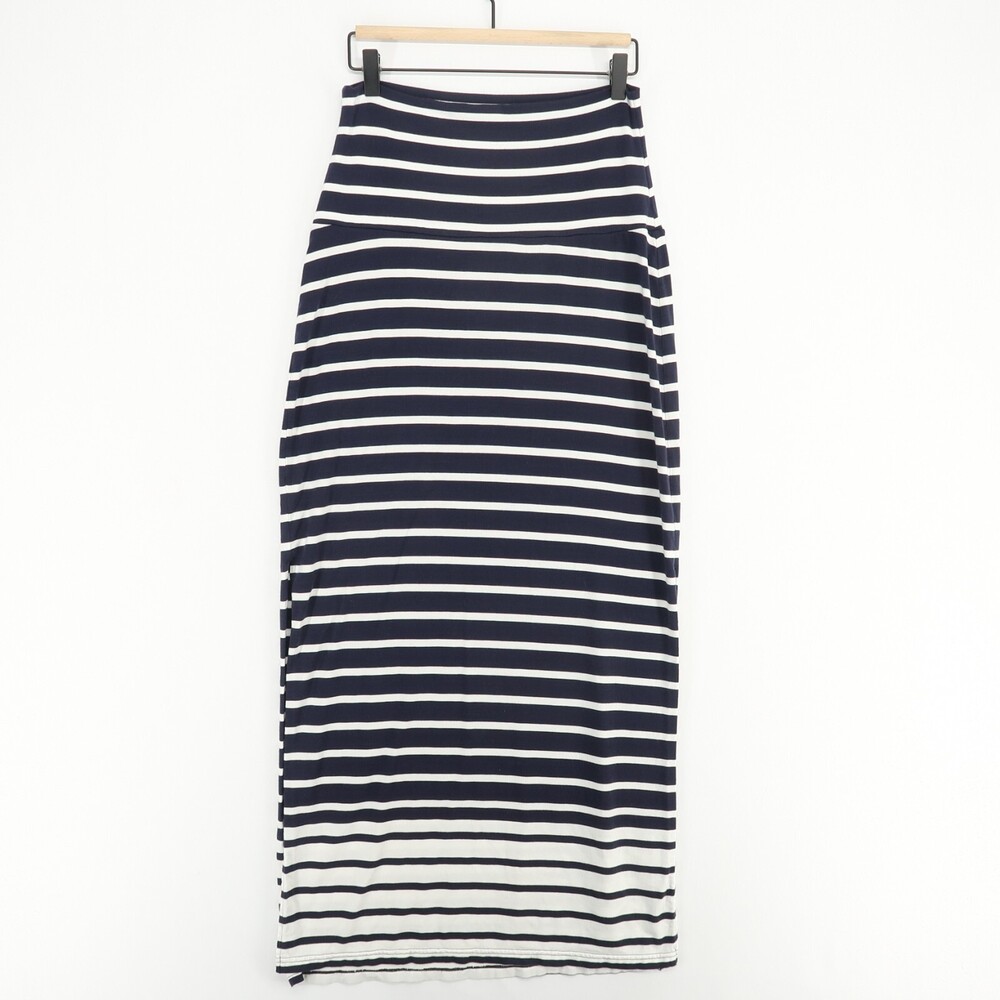 Athleta Skirt Womens S Navy Blue Striped Maxi Side Slit Tencel Lyocell Stretch
